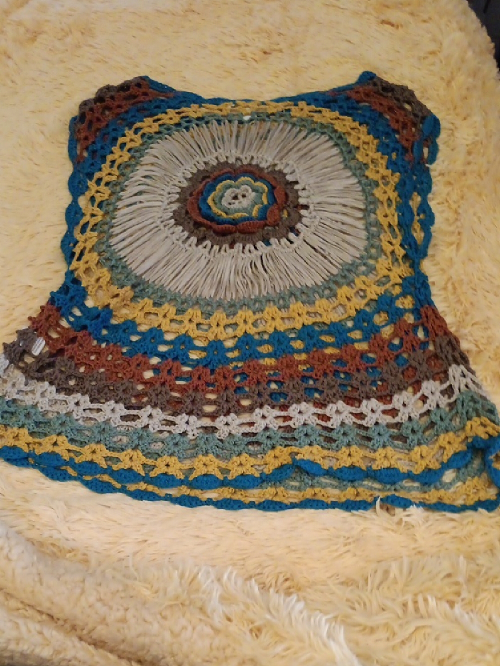 VILA Hippie Crochet Boho Chic Top in Teal, Mustard & Cream Festival Vibe S/M